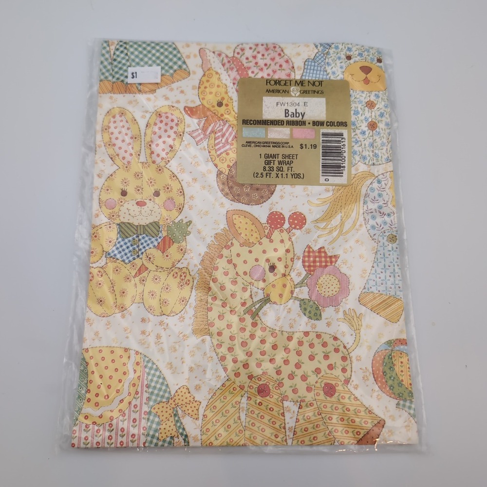 Vintage 90s American Greetings Baby Gift Wrap Patchwork Animals Bunny Giraffe
